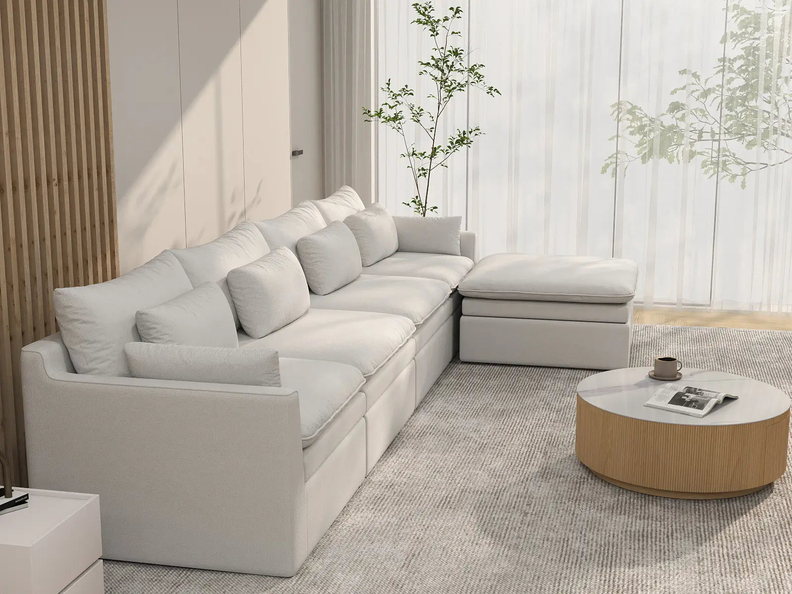 Sofá seccional de 4 plazas Lujo Cloud, color blanco, amplio espacio, en forma de L | 5 piezas (incluye 1 otomana), tela de poliéster con aspecto de lino, fácil de limpiar