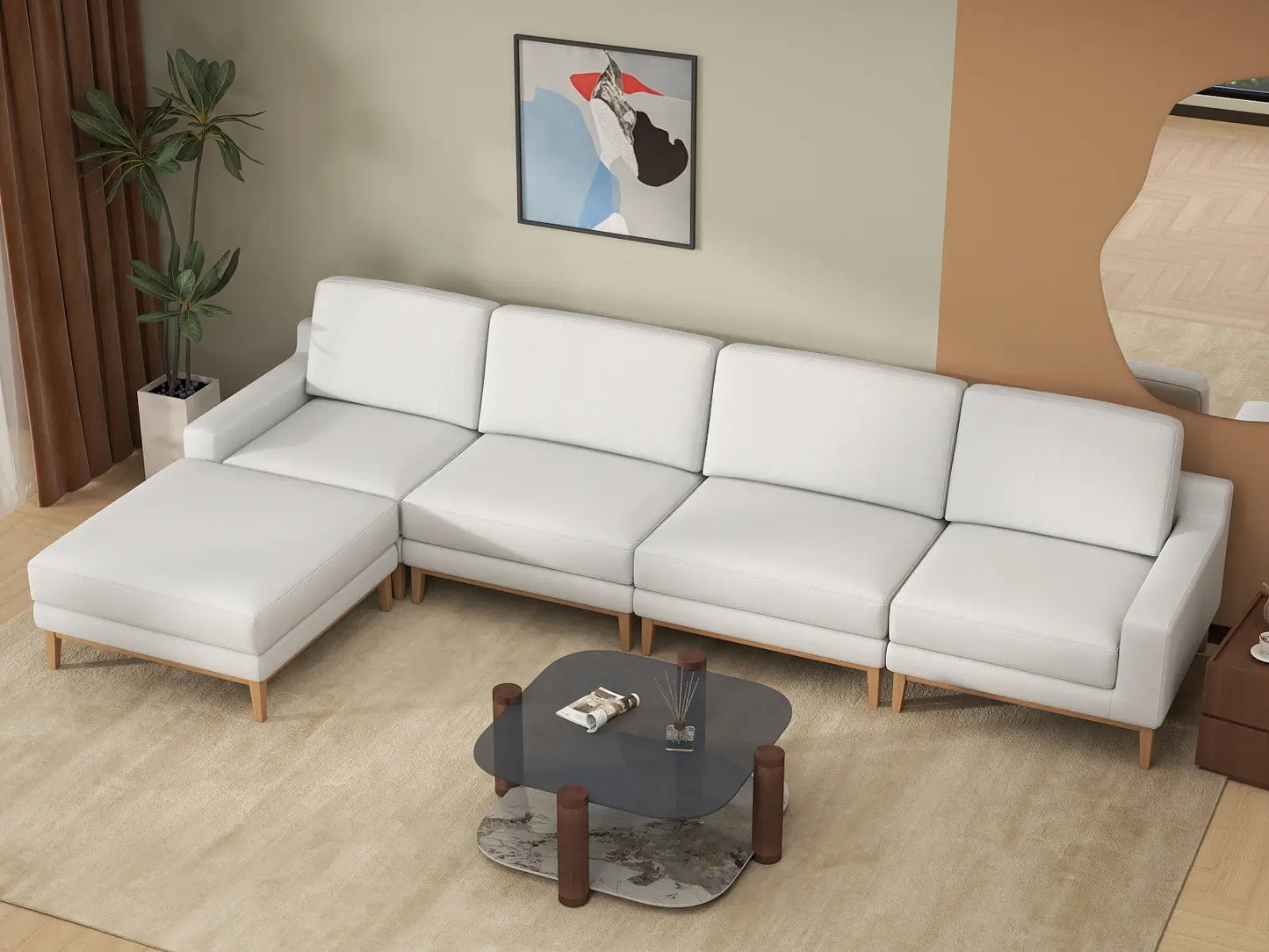Deluxe Cloud 4-Seater White Large Space L-Shaped Sectional | 5-Piece (Includes 1 Ottoman), Linen Look Poly Fabric, Easy To Clean