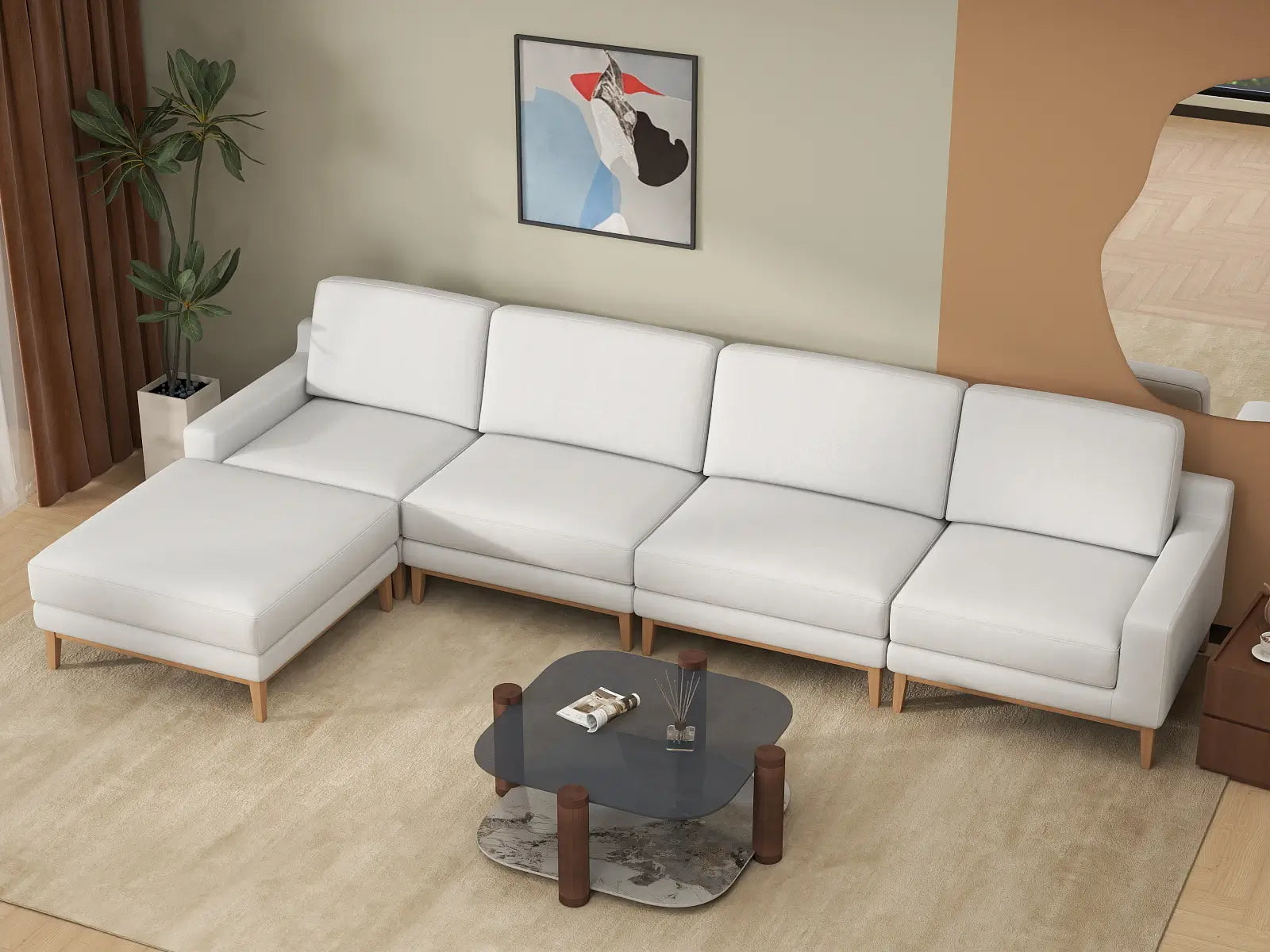 Deluxe Cloud 4-Seater White Large Space L-Shaped Sectional | 5-Piece (Includes 1 Ottoman), Linen Look Poly Fabric, Easy To Clean