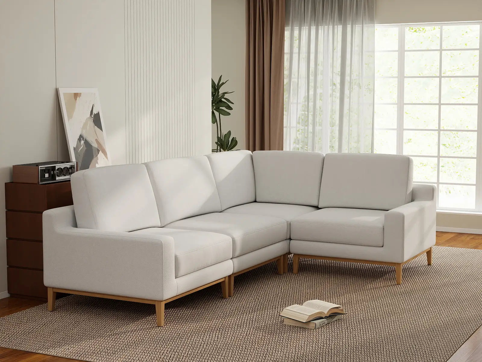 Deluxe Cloud 4-Seater White Large Space L-Shaped Sectional | 4-Piece, Linen Look Poly Fabric, Easy To Clean