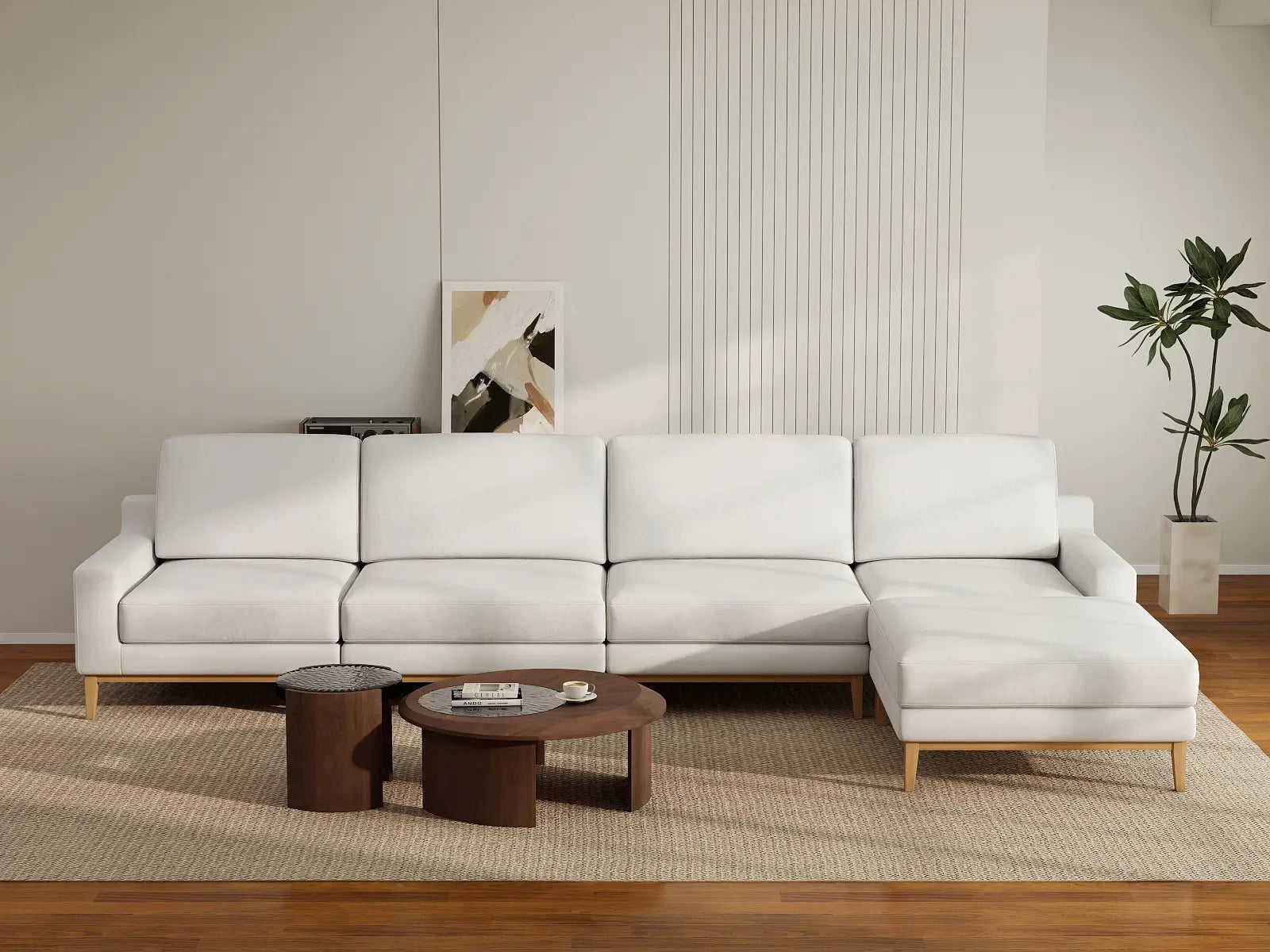 Deluxe Cloud 4-Seater White Large Space L-Shaped Sectional | 5-Piece (Includes 1 Ottoman), Linen Look Poly Fabric, Easy To Clean