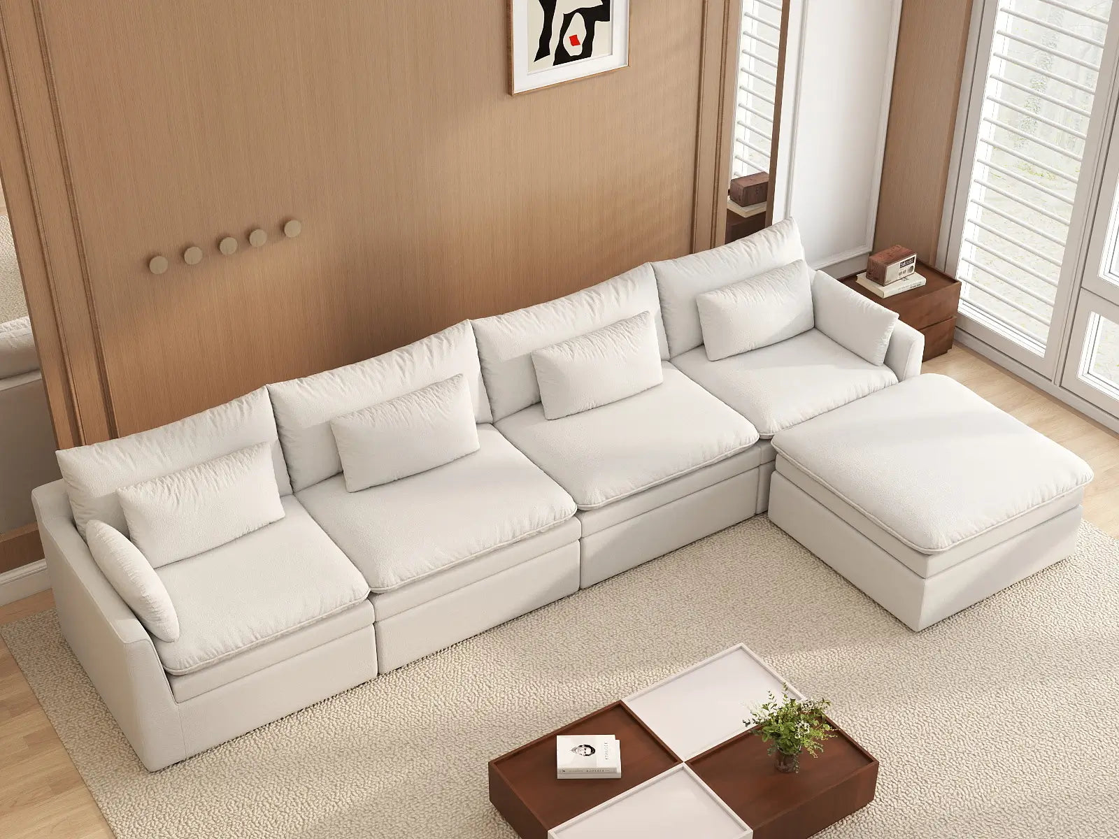 Sofá seccional de 4 plazas Lujo Cloud, color blanco, amplio espacio, en forma de L | 5 piezas (incluye 1 otomana), tela de poliéster con aspecto de lino, fácil de limpiar