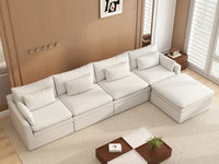 Sofá seccional de 4 plazas Lujo Cloud, color blanco, amplio espacio, en forma de L | 5 piezas (incluye 1 otomana), tela de poliéster con aspecto de lino, fácil de limpiar