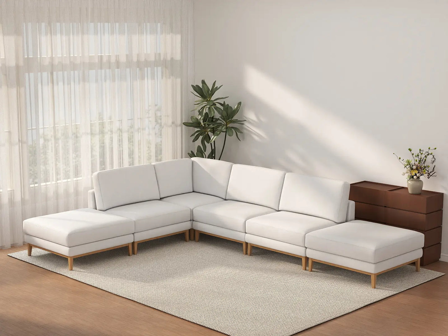 Deluxe Cloud 4-Seater White Large Space L-Shaped Sectional | 6-Piece (Includes 2 Ottomans), Linen Look Poly Fabric, Easy To Clean