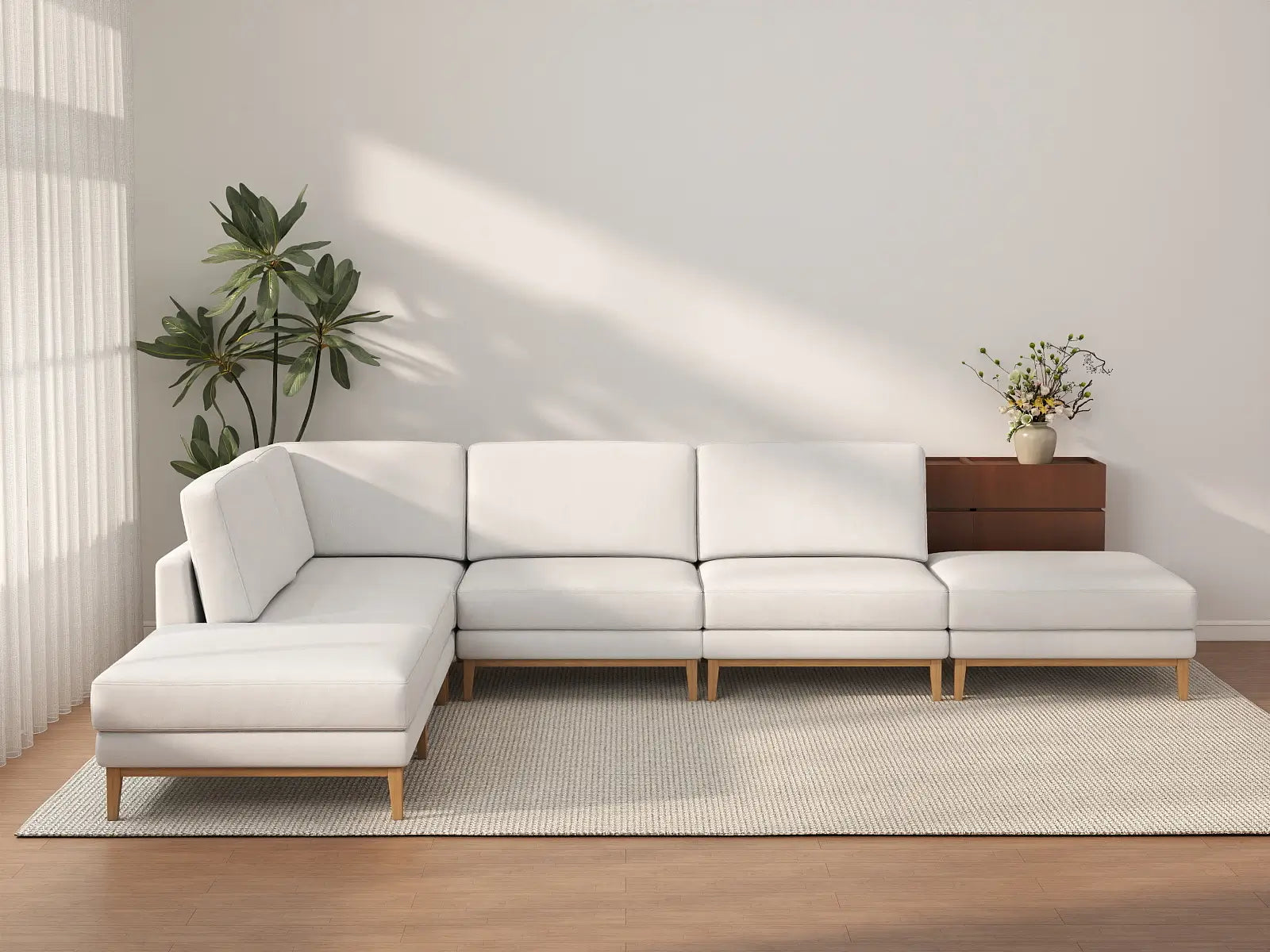 Deluxe Cloud 4-Seater White Large Space L-Shaped Sectional | 6-Piece (Includes 2 Ottomans), Linen Look Poly Fabric, Easy To Clean