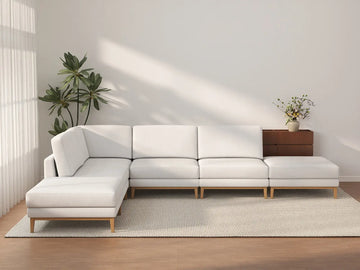 Deluxe Cloud 4-Seater White Large Space L-Shaped Sectional | 6-Piece (Includes 2 Ottomans), Linen Look Poly Fabric, Easy To Clean
