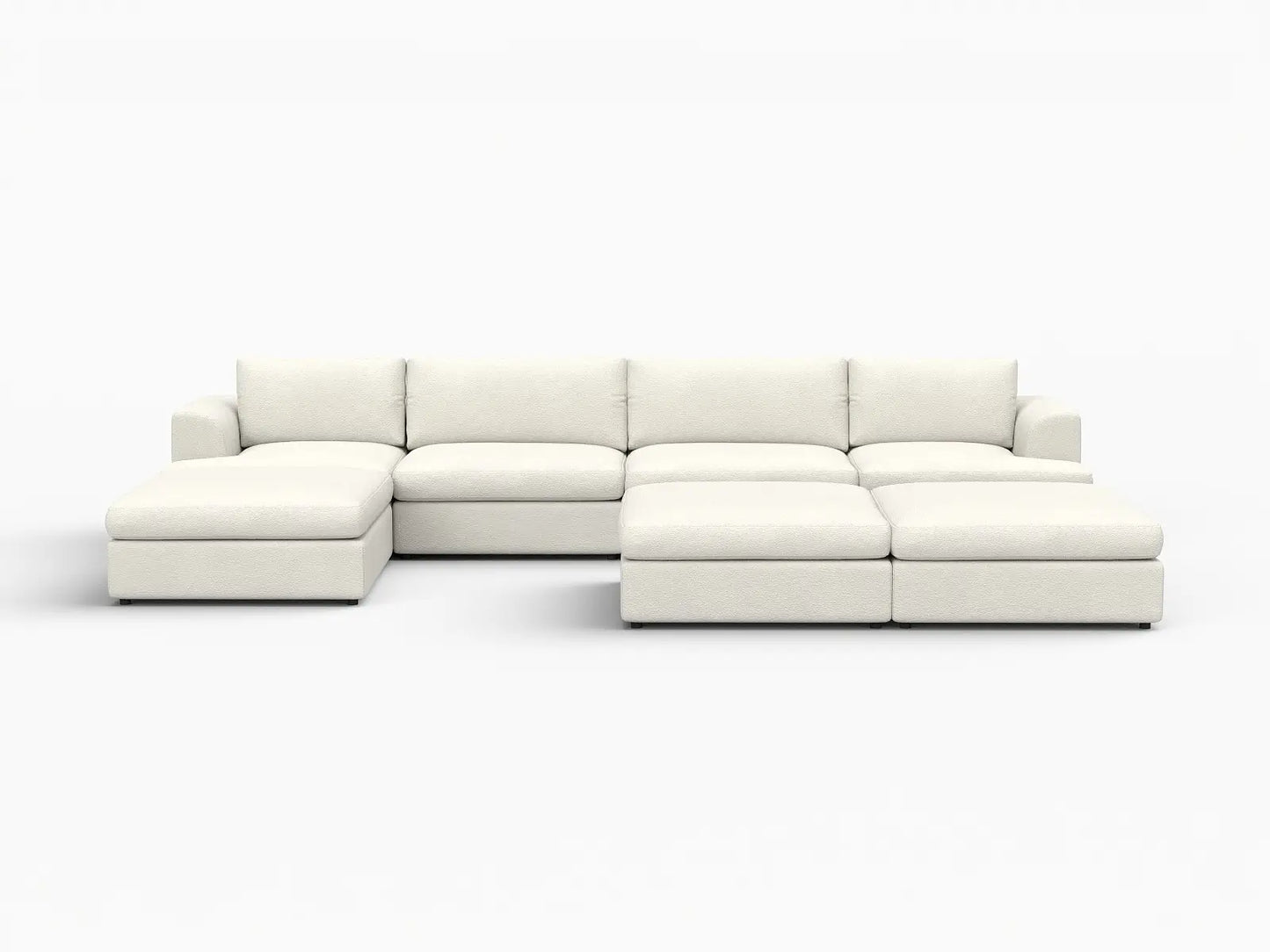 Deluxe Cloud 4-Seater White Large Space Sofa Set | 7-Piece (Includes 3 Ottomans), Bouclé Sherpa-Like Fabric, Easy To Clean