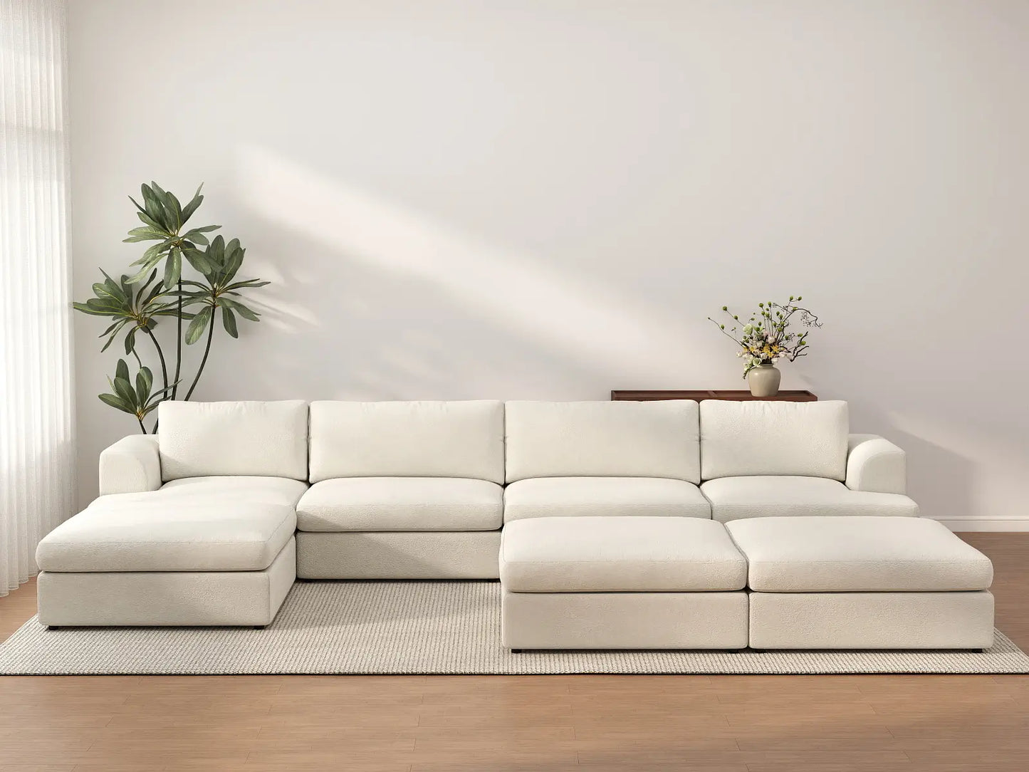 Deluxe Cloud 4-Seater White Large Space Sofa Set | 7-Piece (Includes 3 Ottomans), Bouclé Sherpa-Like Fabric, Easy To Clean