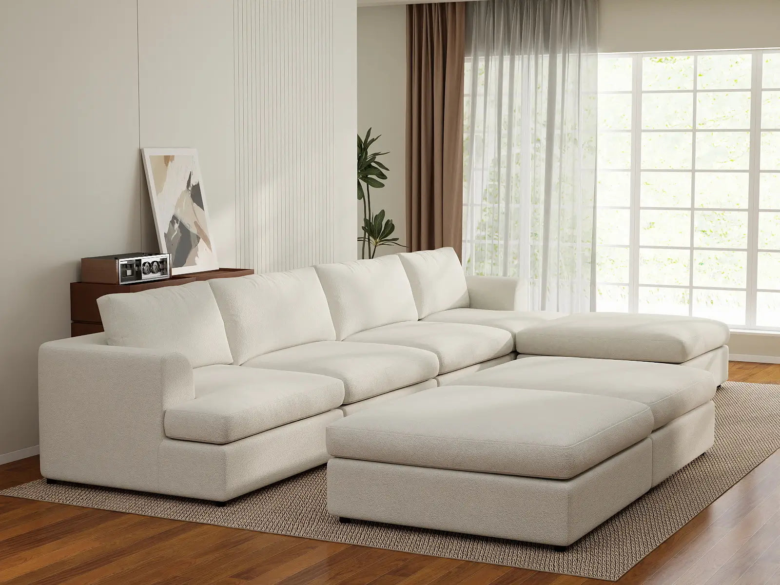 Deluxe Cloud 4-Seater White Large Space Sofa Set | 7-Piece (Includes 3 Ottomans), Bouclé Sherpa-Like Fabric, Easy To Clean