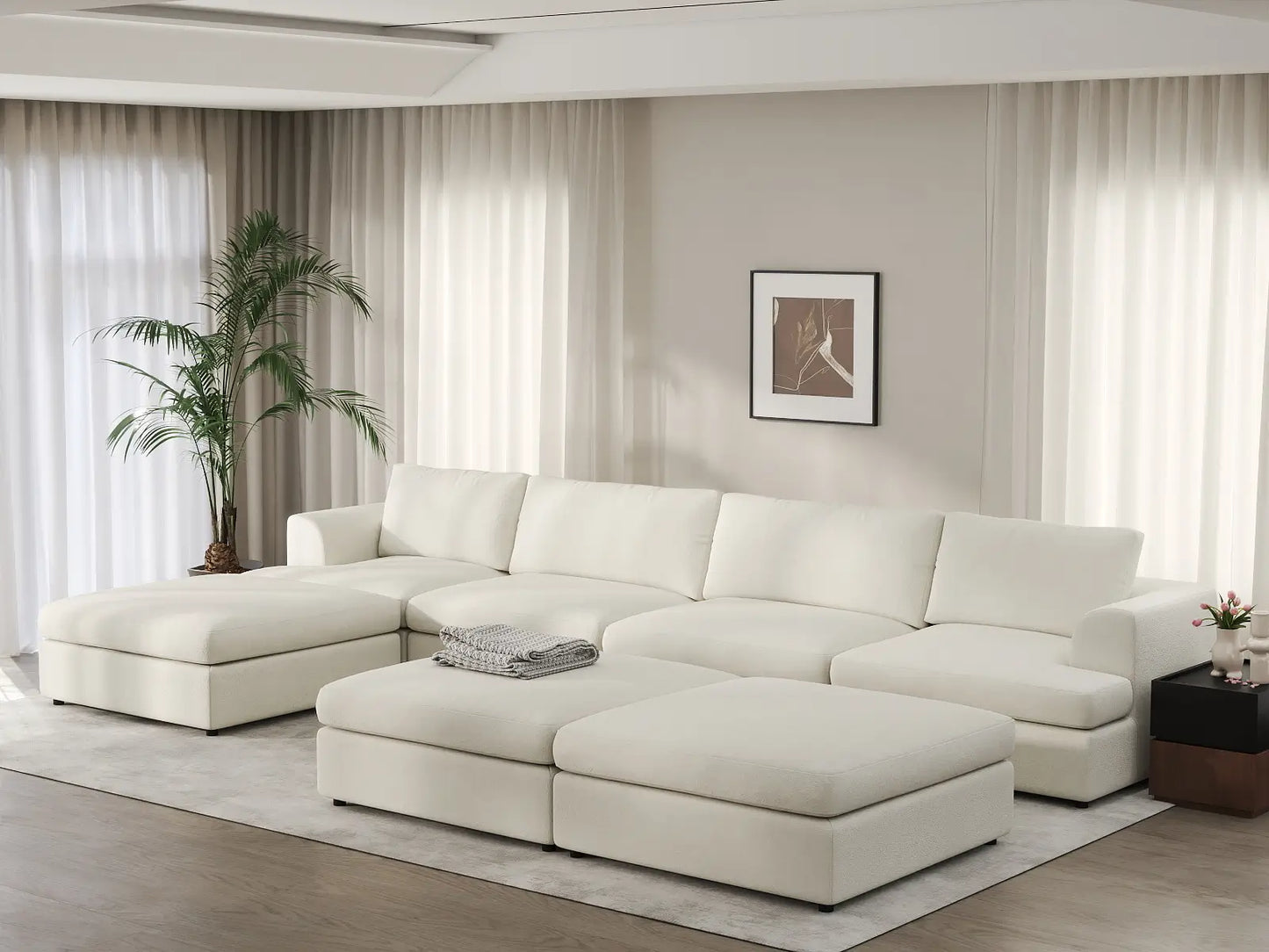 Deluxe Cloud 4-Seater White Large Space Sofa Set | 7-Piece (Includes 3 Ottomans), Bouclé Sherpa-Like Fabric, Easy To Clean