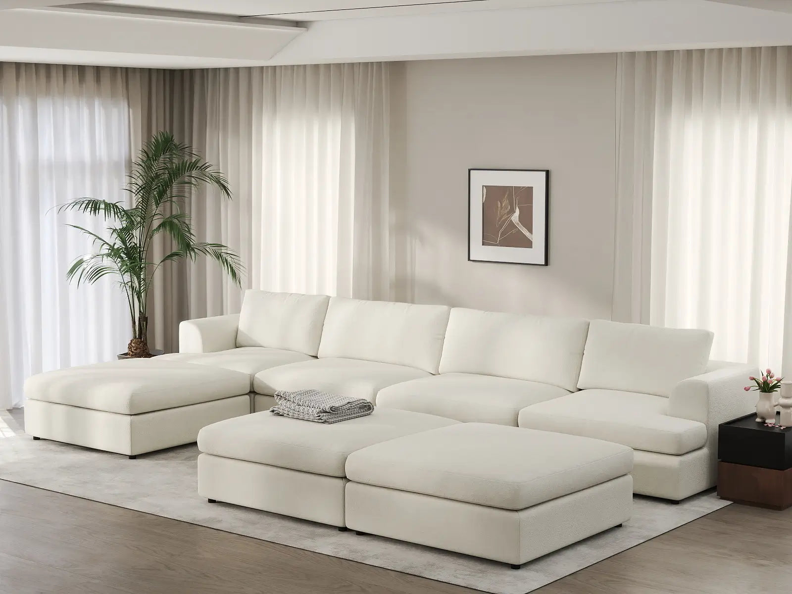 Deluxe Cloud 4-Seater White Large Space Sofa Set | 7-Piece (Includes 3 Ottomans), Bouclé Sherpa-Like Fabric, Easy To Clean