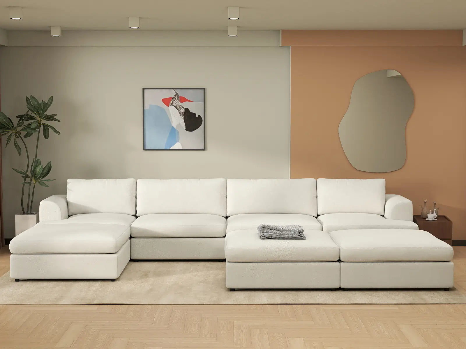 Deluxe Cloud 4-Seater White Large Space Sofa Set | 7-Piece (Includes 3 Ottomans), Bouclé Sherpa-Like Fabric, Easy To Clean
