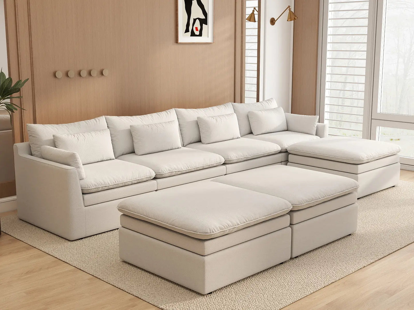 Deluxe Cloud 4-Seater White Large Space Sofa Set | 7-Piece (Includes 3 Ottomans), Linen Look Poly Fabric, Easy To Clean