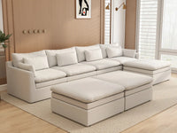 Deluxe Cloud 4-Seater White Large Space Sofa Set | 7-Piece (Includes 3 Ottomans), Linen Look Poly Fabric, Easy To Clean