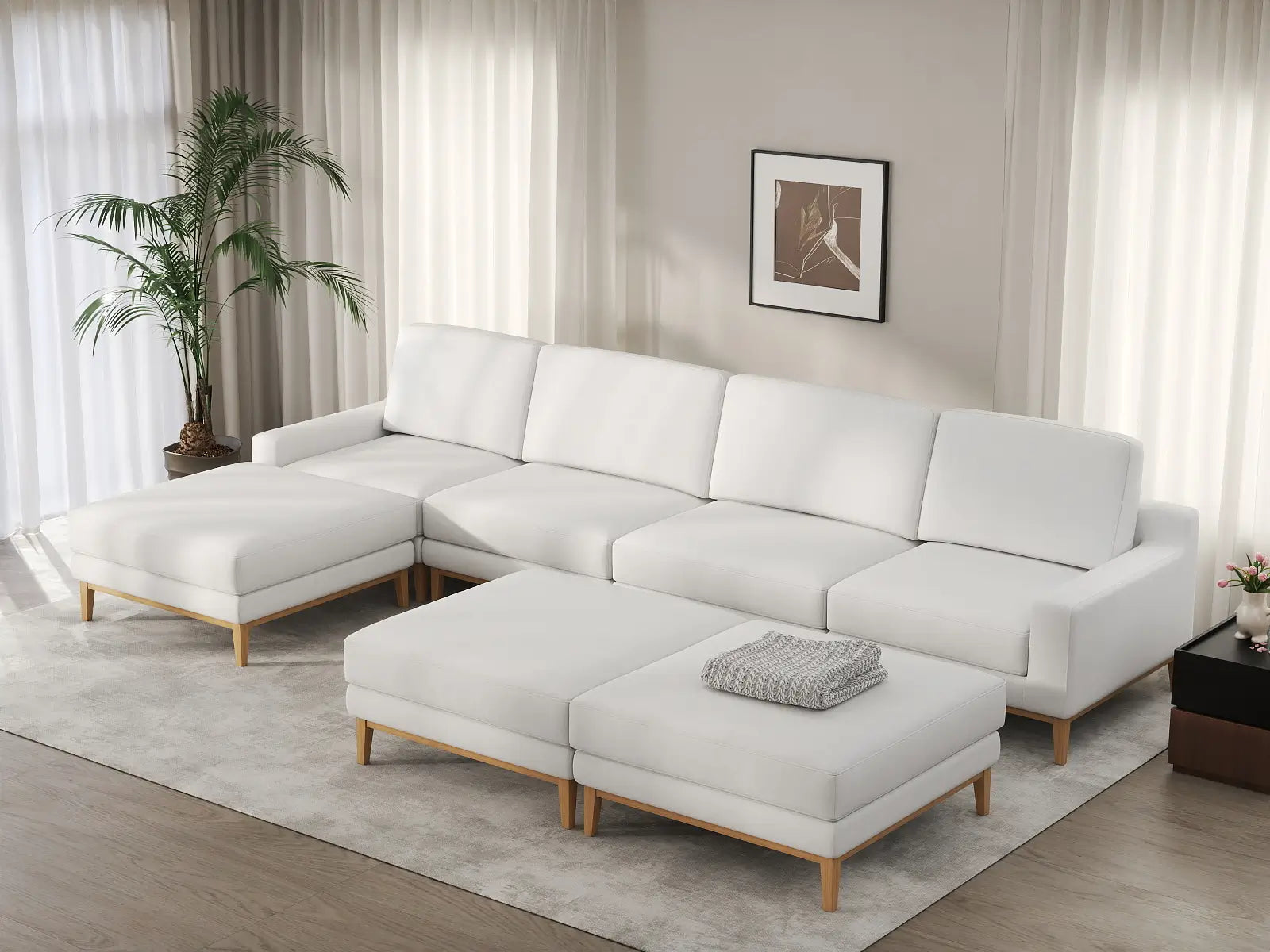 Deluxe Cloud 4-Seater White Large Space Sofa Set | 7-Piece (Includes 3 Ottomans), Linen Look Poly Fabric, Easy To Clean