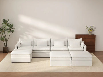 Deluxe Cloud 4-Seater White Large Space Sofa Set | 7-Piece (Includes 3 Ottomans), Linen Look Poly Fabric, Easy To Clean