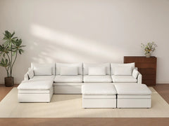 Deluxe Cloud 4-Seater White Large Space Sofa Set | 7-Piece (Includes 3 Ottomans), Linen Look Poly Fabric, Easy To Clean