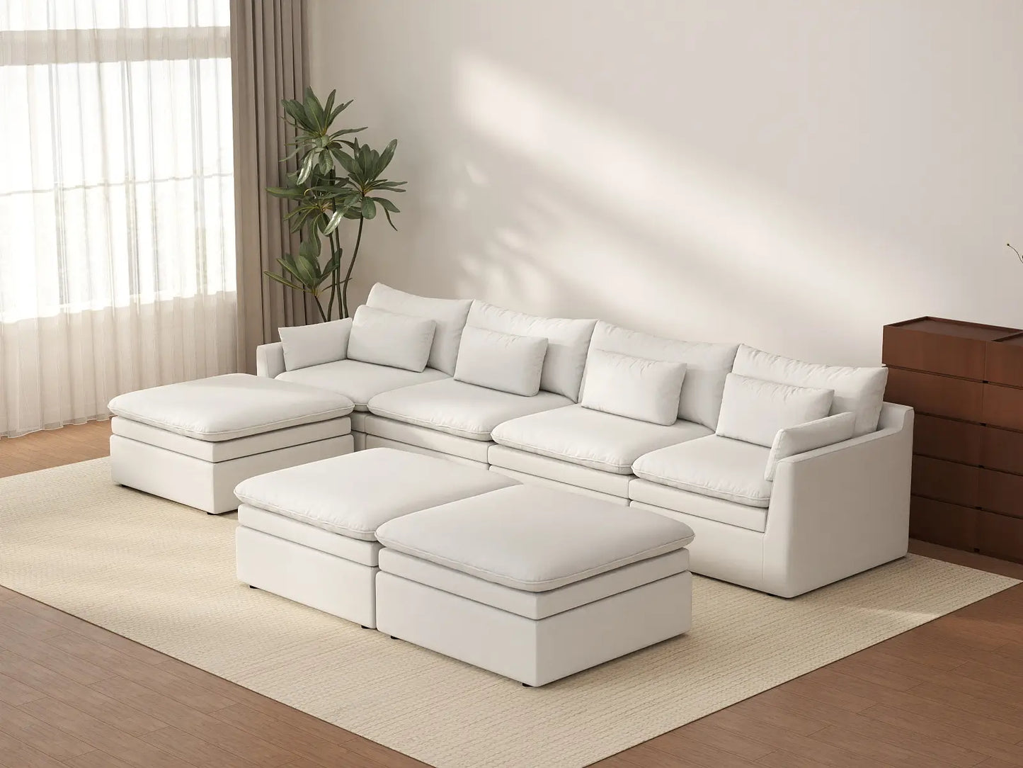 Deluxe Cloud 4-Seater White Large Space Sofa Set | 7-Piece (Includes 3 Ottomans), Linen Look Poly Fabric, Easy To Clean