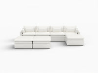Deluxe Cloud 4-Seater White Large Space Sofa Set | 7-Piece (Includes 3 Ottomans), Linen Look Poly Fabric, Easy To Clean