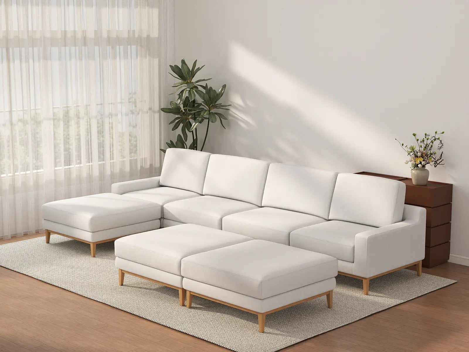 Deluxe Cloud 4-Seater White Large Space Sofa Set | 7-Piece (Includes 3 Ottomans), Linen Look Poly Fabric, Easy To Clean
