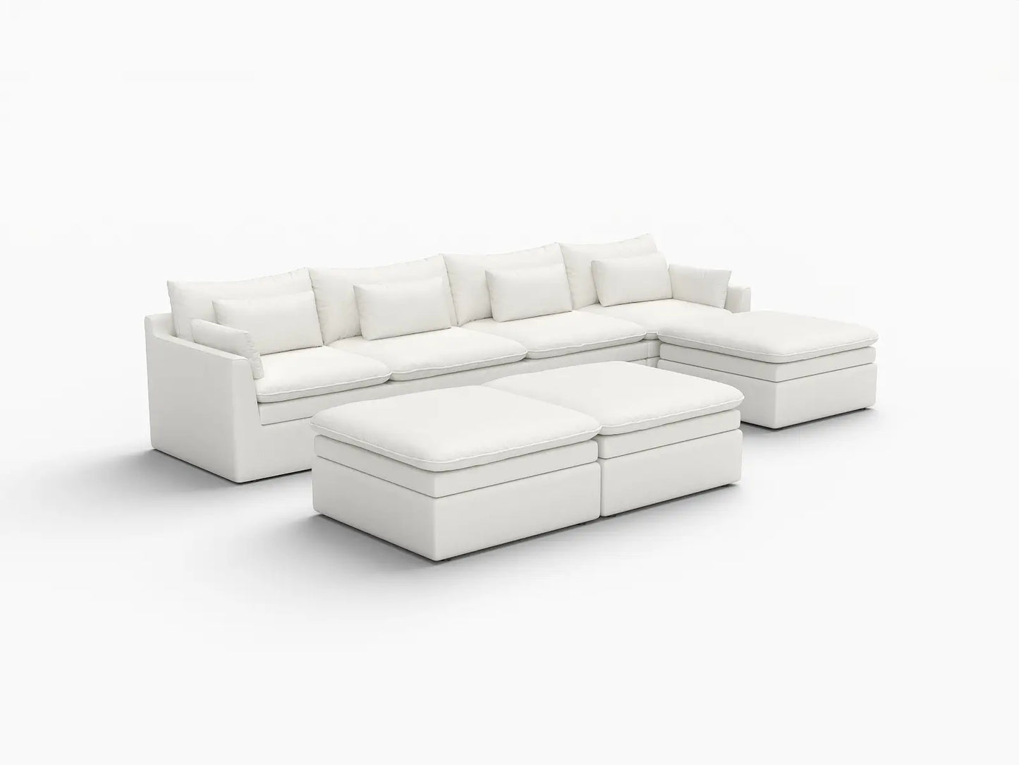 Deluxe Cloud 4-Seater White Large Space Sofa Set | 7-Piece (Includes 3 Ottomans), Linen Look Poly Fabric, Easy To Clean