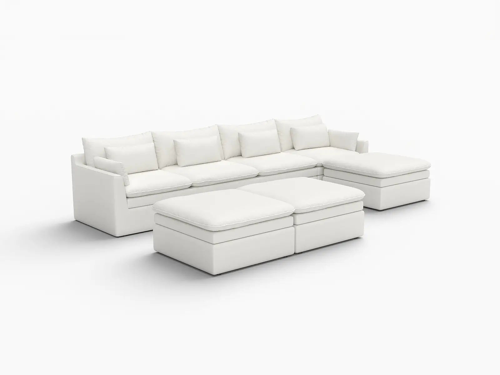 Deluxe Cloud 4-Seater White Large Space Sofa Set | 7-Piece (Includes 3 Ottomans), Linen Look Poly Fabric, Easy To Clean