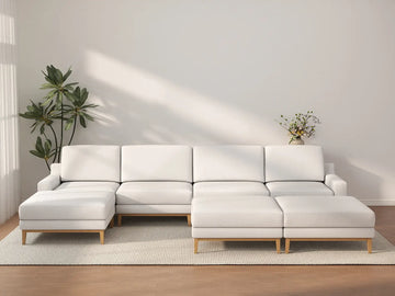Deluxe Cloud 4-Seater White Large Space Sofa Set | 7-Piece (Includes 3 Ottomans), Linen Look Poly Fabric, Easy To Clean