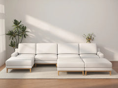 Deluxe Cloud 4-Seater White Large Space Sofa Set | 7-Piece (Includes 3 Ottomans), Linen Look Poly Fabric, Easy To Clean