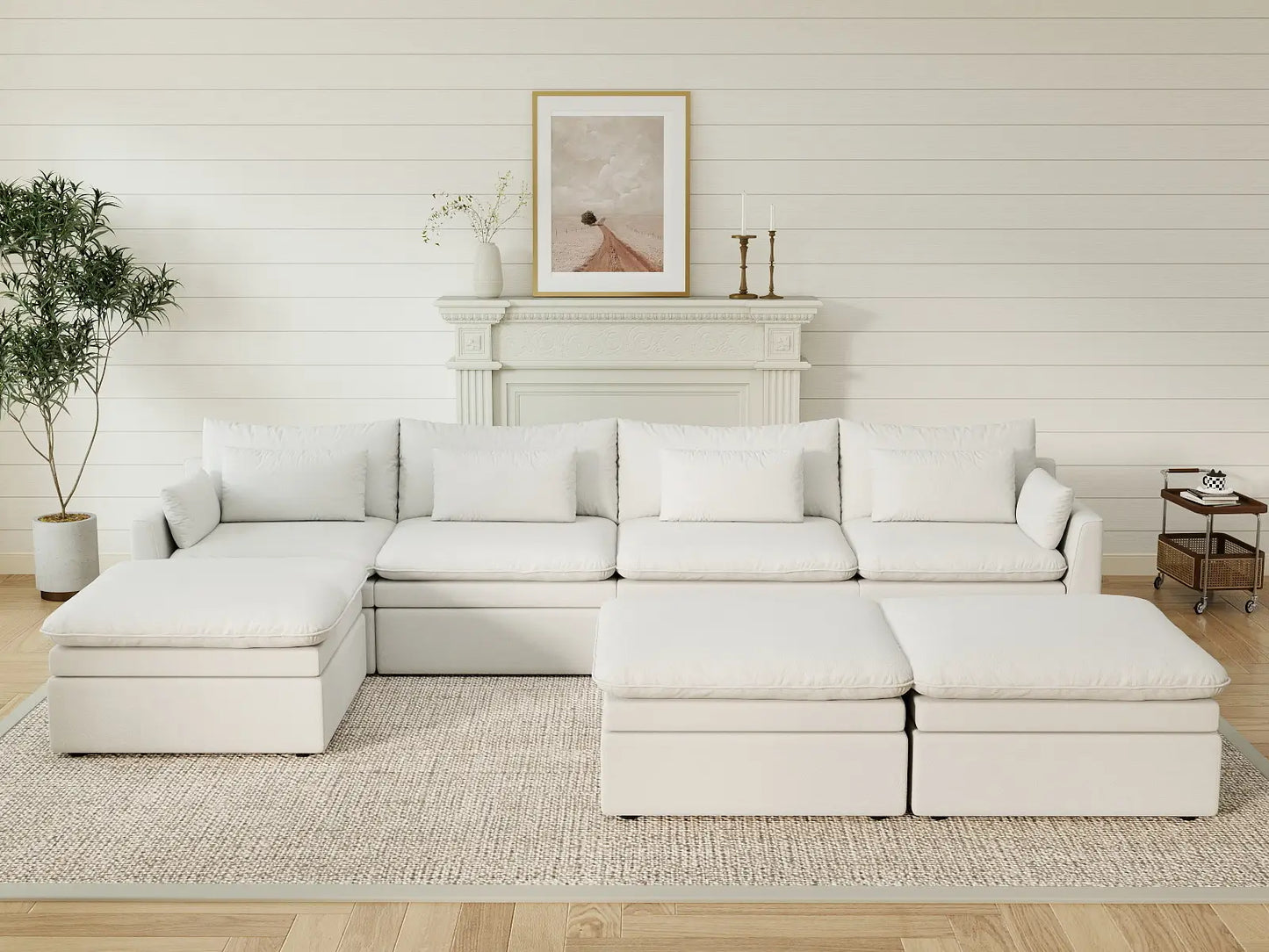 Deluxe Cloud 4-Seater White Large Space Sofa Set | 7-Piece (Includes 3 Ottomans), Linen Look Poly Fabric, Easy To Clean