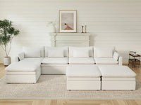 Deluxe Cloud 4-Seater White Large Space Sofa Set | 7-Piece (Includes 3 Ottomans), Linen Look Poly Fabric, Easy To Clean