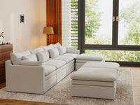 Deluxe Cloud 4-Seater White Large Space Sofa Set | 7-Piece (Includes 3 Ottomans), Linen Look Poly Fabric, Easy To Clean