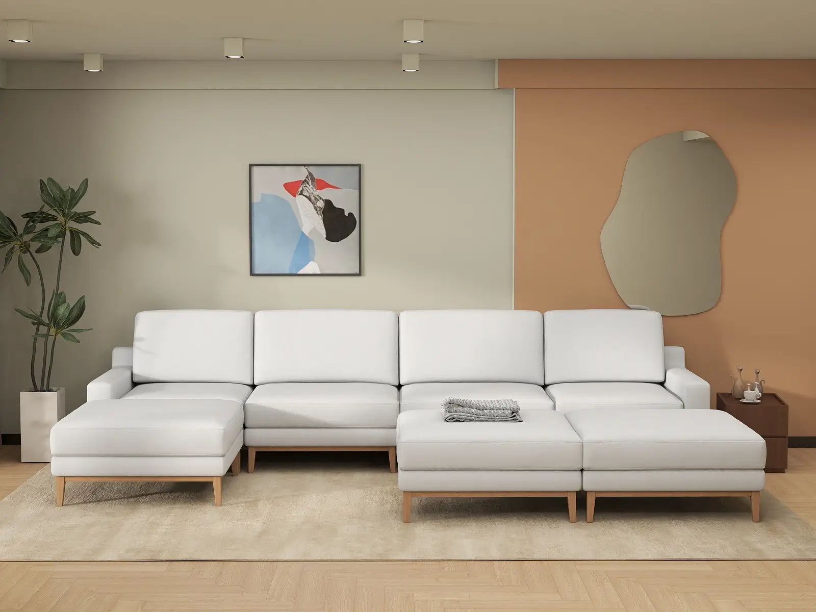 Deluxe Cloud 4-Seater White Large Space Sofa Set | 7-Piece (Includes 3 Ottomans), Linen Look Poly Fabric, Easy To Clean