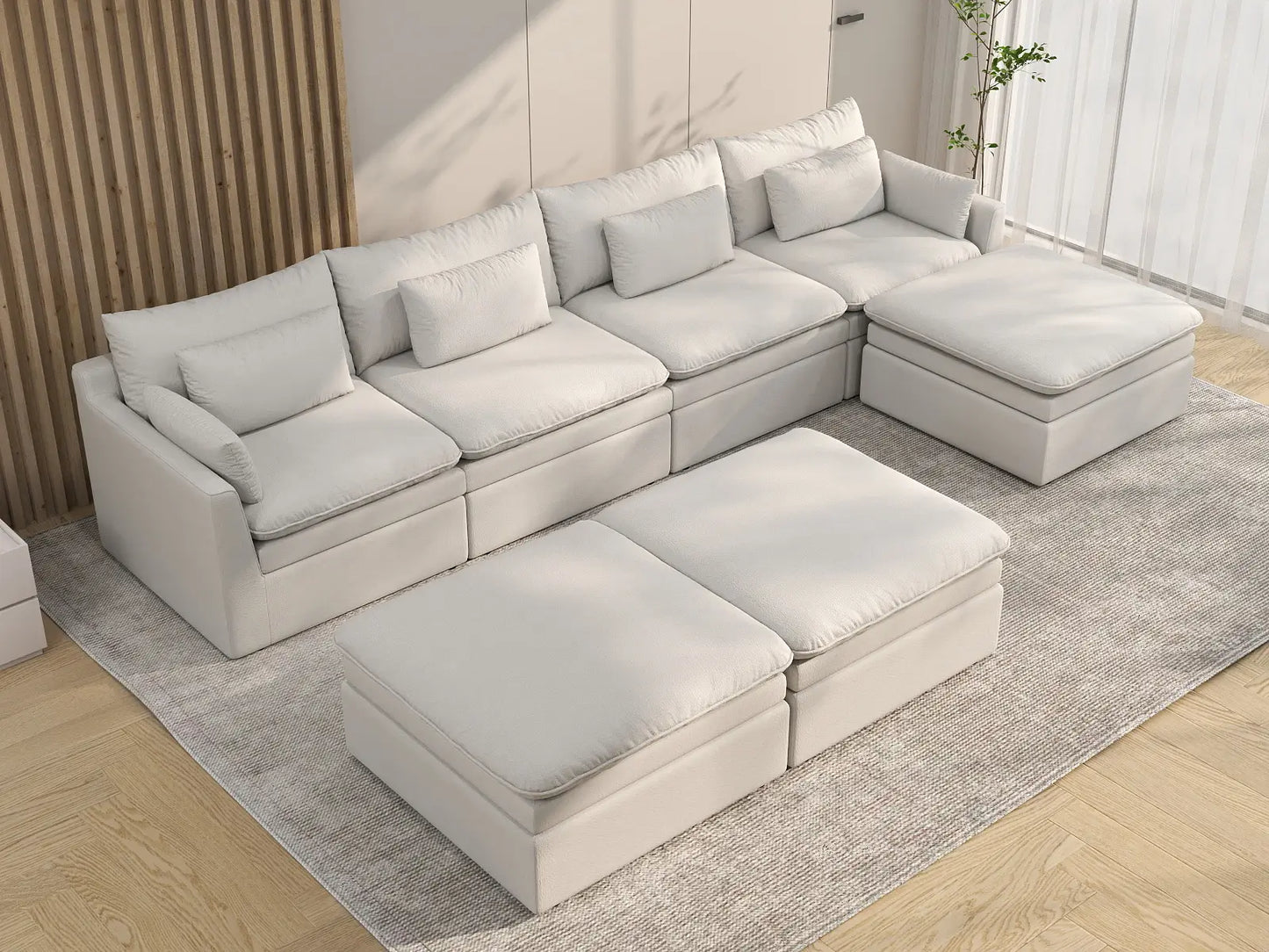 Deluxe Cloud 4-Seater White Large Space Sofa Set | 7-Piece (Includes 3 Ottomans), Linen Look Poly Fabric, Easy To Clean