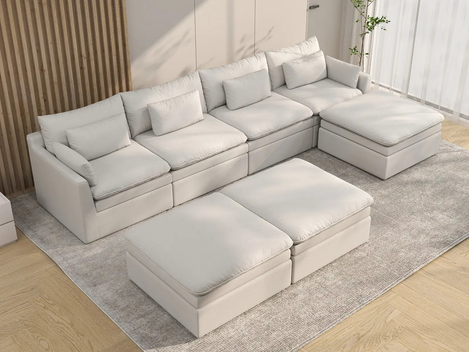 Deluxe Cloud 4-Seater White Large Space Sofa Set | 7-Piece (Includes 3 Ottomans), Linen Look Poly Fabric, Easy To Clean