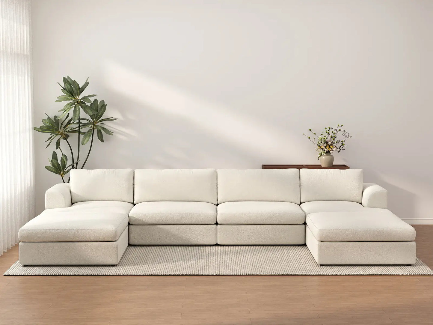 Deluxe Cloud 4-Seater White Large Space U-Shaped Sectional | 6-Piece (Includes 2 Ottomans), Bouclé Sherpa-Like Fabric, Easy To Clean
