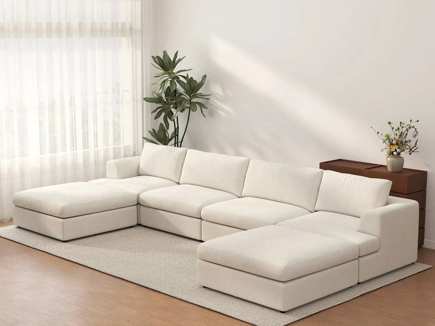Deluxe Cloud 4-Seater White Large Space U-Shaped Sectional | 6-Piece (Includes 2 Ottomans), Bouclé Sherpa-Like Fabric, Easy To Clean
