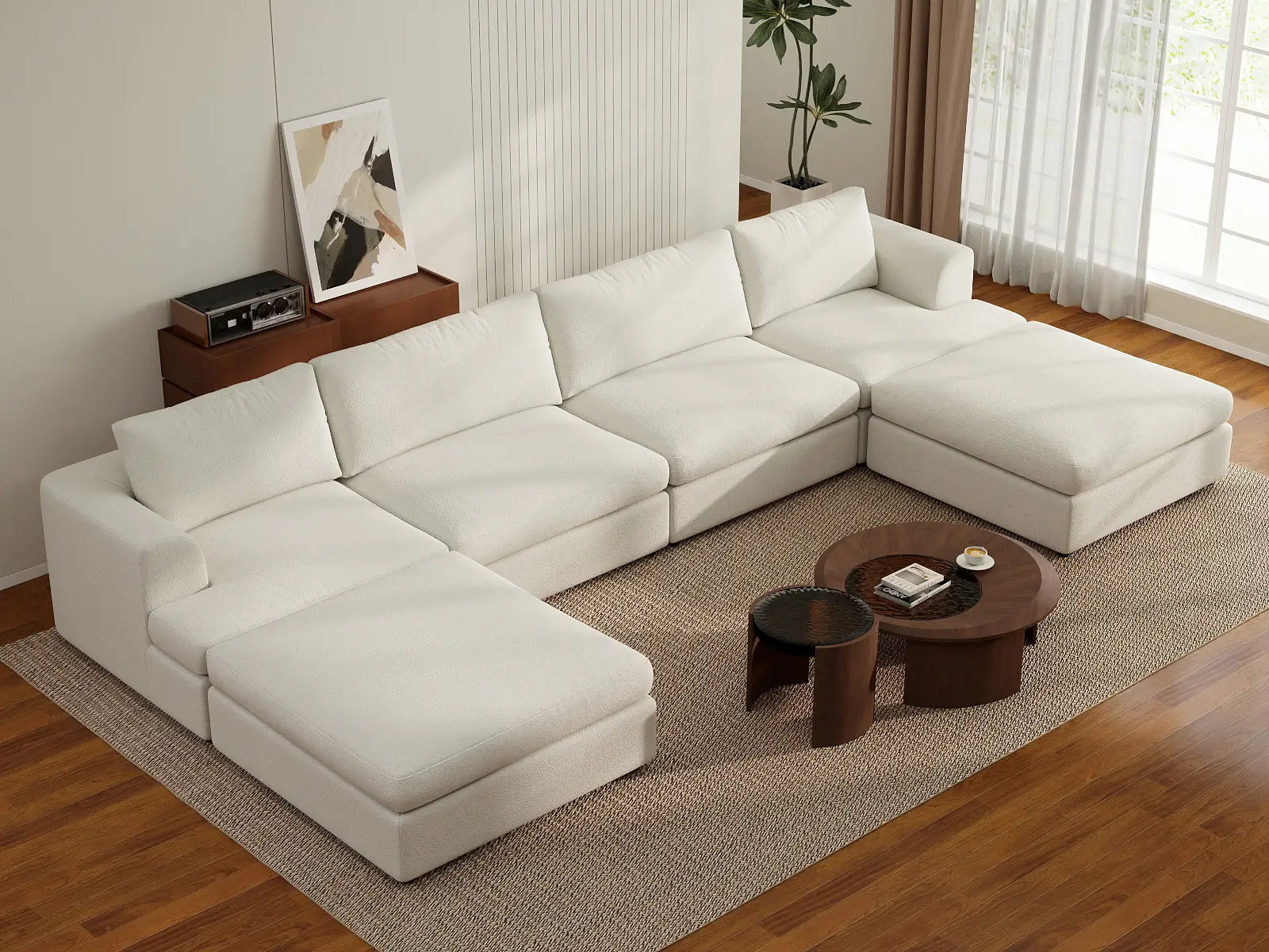 Deluxe Cloud 4-Seater White Large Space U-Shaped Sectional | 6-Piece (Includes 2 Ottomans), Bouclé Sherpa-Like Fabric, Easy To Clean