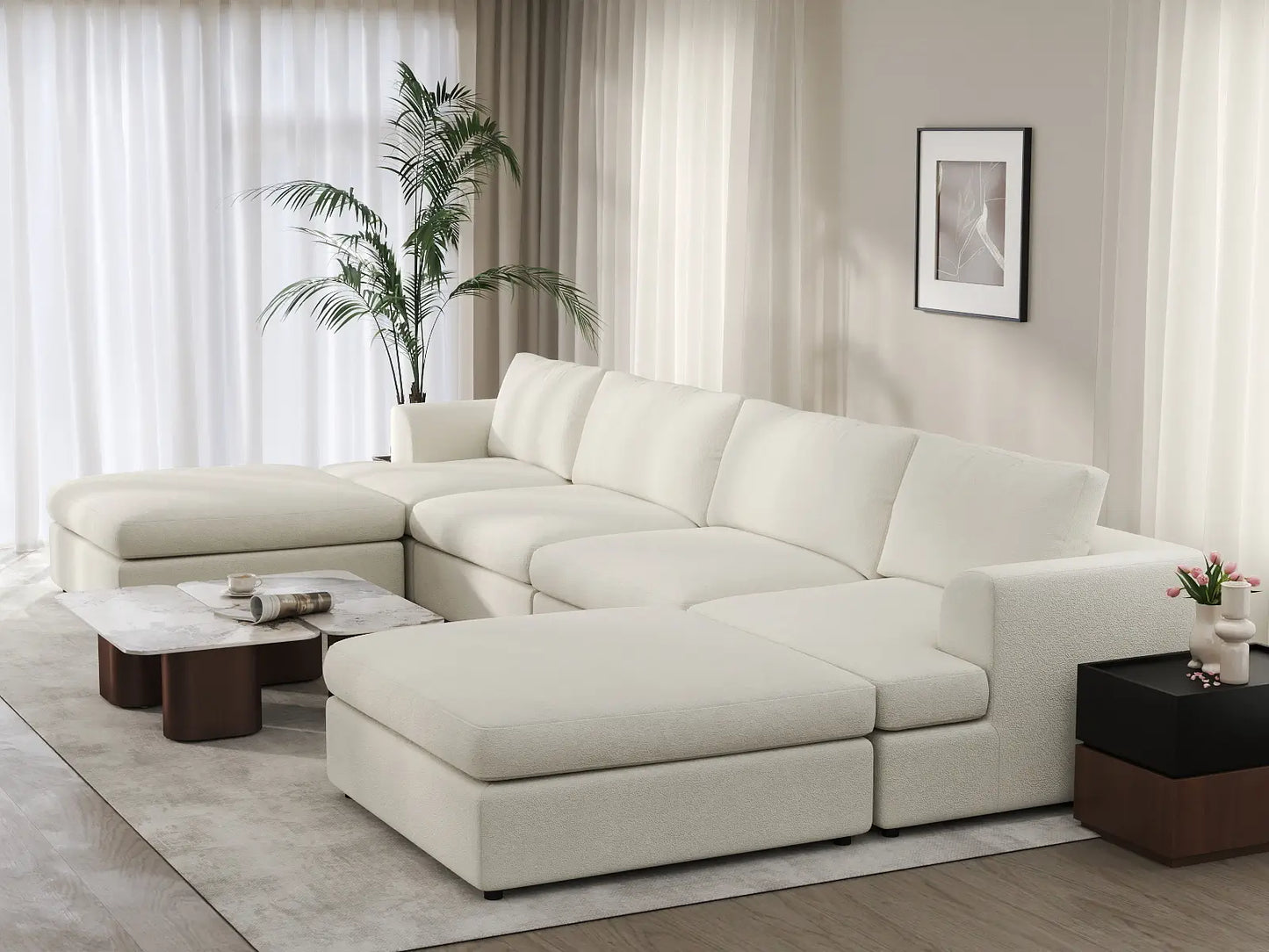 Deluxe Cloud 4-Seater White Large Space U-Shaped Sectional | 6-Piece (Includes 2 Ottomans), Bouclé Sherpa-Like Fabric, Easy To Clean