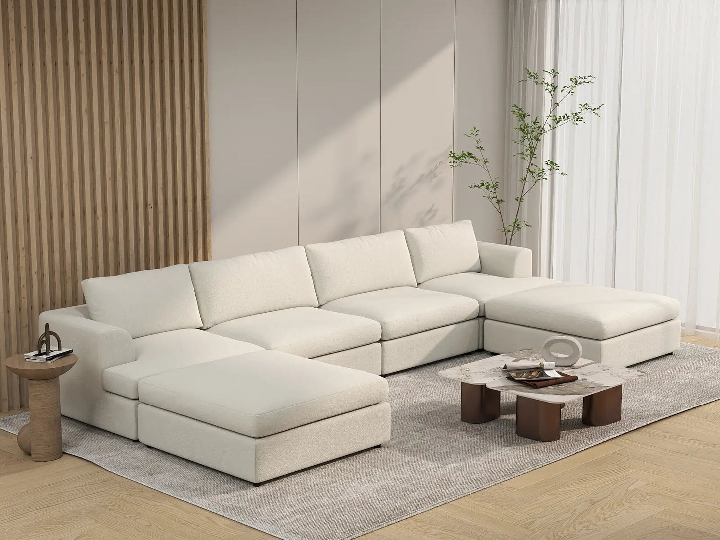 Deluxe Cloud 4-Seater White Large Space U-Shaped Sectional | 6-Piece (Includes 2 Ottomans), Bouclé Sherpa-Like Fabric, Easy To Clean