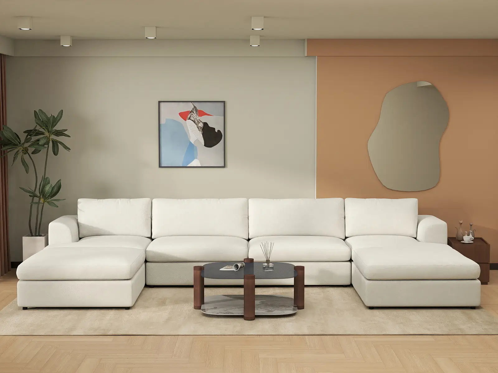 Deluxe Cloud 4-Seater White Large Space U-Shaped Sectional | 6-Piece (Includes 2 Ottomans), Bouclé Sherpa-Like Fabric, Easy To Clean