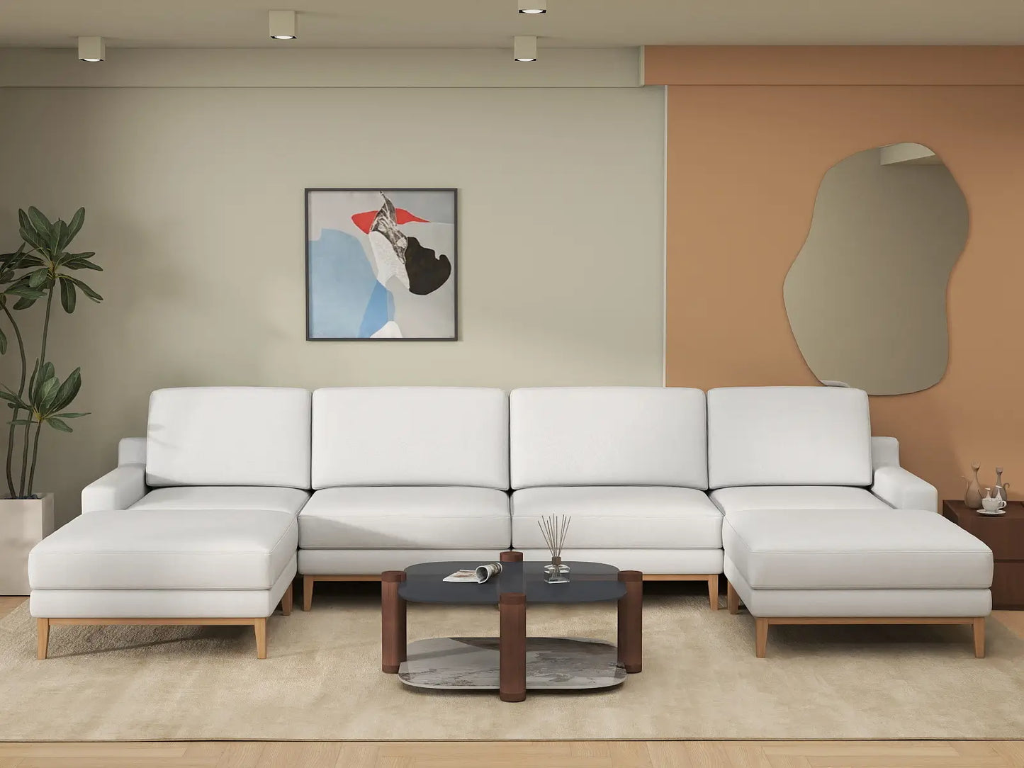 Deluxe Cloud 4-Seater White Large Space U-Shaped Sectional | 6-Piece (Includes 2 Ottomans), Linen Look Poly Fabric, Easy To Clean