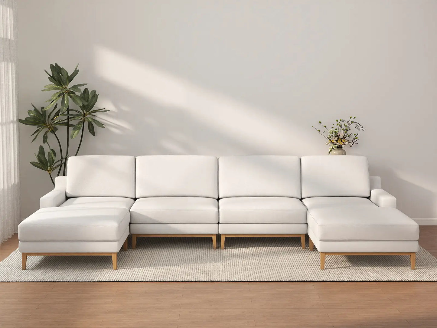Deluxe Cloud 4-Seater White Large Space U-Shaped Sectional | 6-Piece (Includes 2 Ottomans), Linen Look Poly Fabric, Easy To Clean