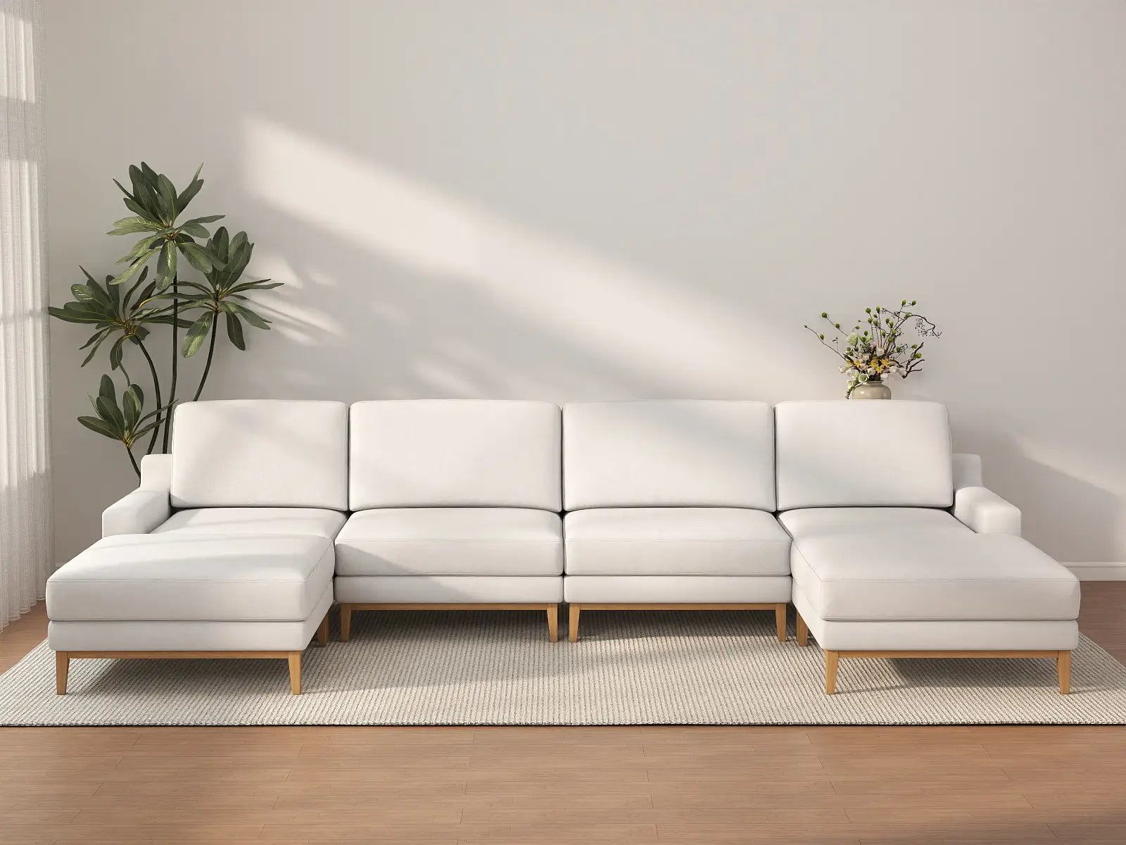 Deluxe Cloud 4-Seater White Large Space U-Shaped Sectional | 6-Piece (Includes 2 Ottomans), Linen Look Poly Fabric, Easy To Clean