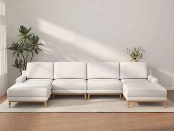 Deluxe Cloud 4-Seater White Large Space U-Shaped Sectional | 6-Piece (Includes 2 Ottomans), Linen Look Poly Fabric, Easy To Clean