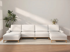 Deluxe Cloud 4-Seater White Large Space U-Shaped Sectional | 6-Piece (Includes 2 Ottomans), Linen Look Poly Fabric, Easy To Clean