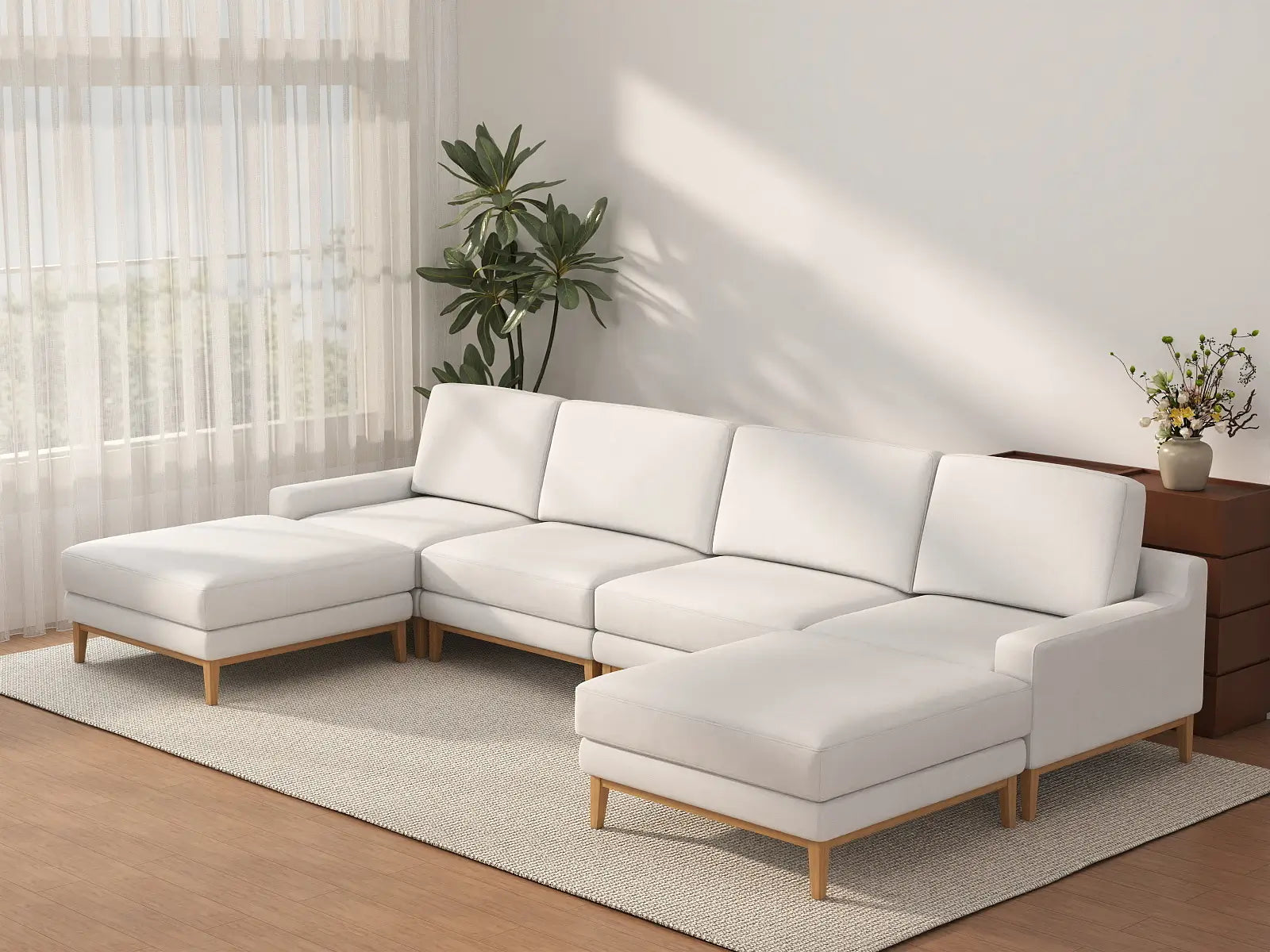 Deluxe Cloud 4-Seater White Large Space U-Shaped Sectional | 6-Piece (Includes 2 Ottomans), Linen Look Poly Fabric, Easy To Clean
