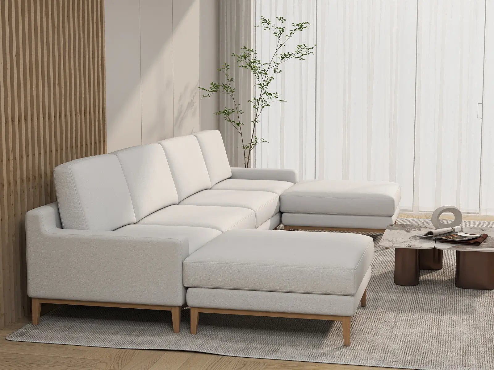Deluxe Cloud 4-Seater White Large Space U-Shaped Sectional | 6-Piece (Includes 2 Ottomans), Linen Look Poly Fabric, Easy To Clean