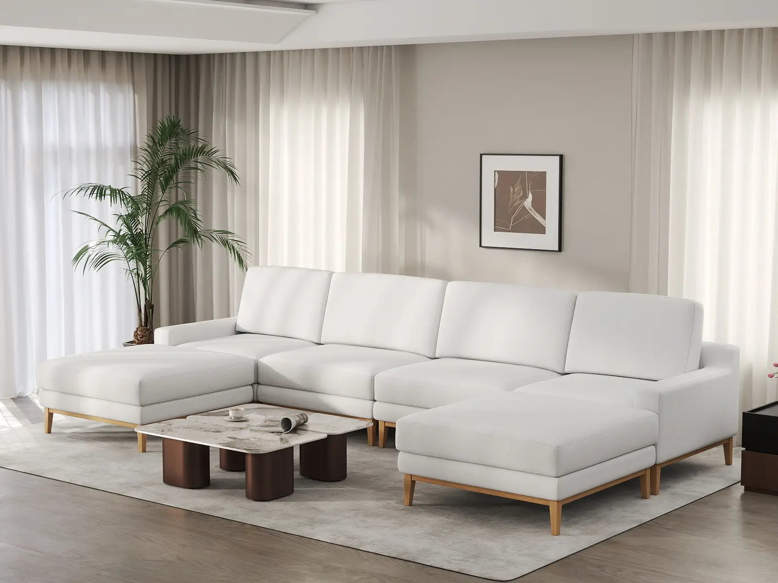 Deluxe Cloud 4-Seater White Large Space U-Shaped Sectional | 6-Piece (Includes 2 Ottomans), Linen Look Poly Fabric, Easy To Clean