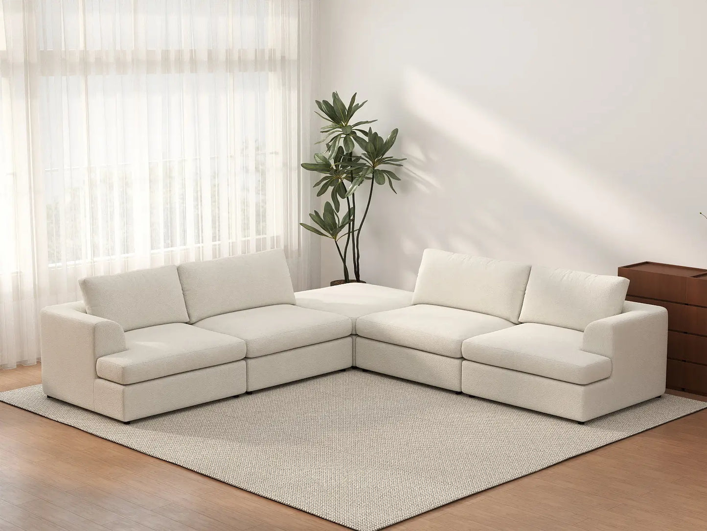 Deluxe Cloud 4-Seater White Large Space V-Shaped Sectional | 5-Piece (Includes 1 Ottoman), Bouclé Sherpa-Like Fabric, Easy To Clean