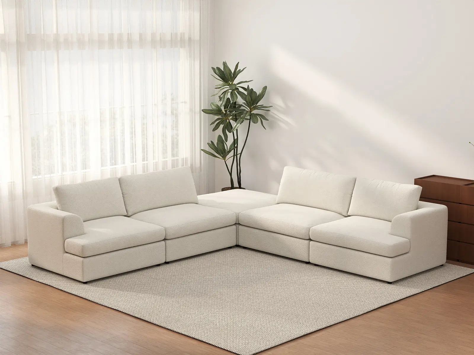 Deluxe Cloud 4-Seater White Large Space V-Shaped Sectional | 5-Piece (Includes 1 Ottoman), Bouclé Sherpa-Like Fabric, Easy To Clean
